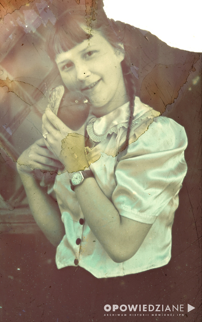 Siostra Tadeusza Stankiewicza, leśniczówka Głodno, 1942 lub 1943 r., diapozytyw „Agfa”, zbiory rodzinne