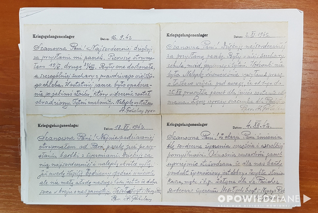 Listy przesyłane z obozu jenieckiego przez podporucznika Grobelnego, którem rodzina Stankiewiczów w ramach akcji AK wysyłała paczki żywieniowe