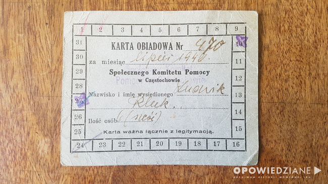 Karta obiadowa na nazwisko Ludwika Klucka wystawiona przez Społeczny Komitet Pomocy w Częstochowie dla sześcioosobowej rodziny Klucków na lipiec 1940 r.
