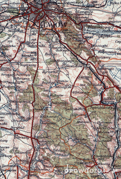 Położenie wsi Huta Szczerzecka, Polana i Brzezina względem Lwowa (obie wsie na dole mapy), fragment mapy Wojskowego Instytutu Geograficznego 1937, Lwów 1:300 000