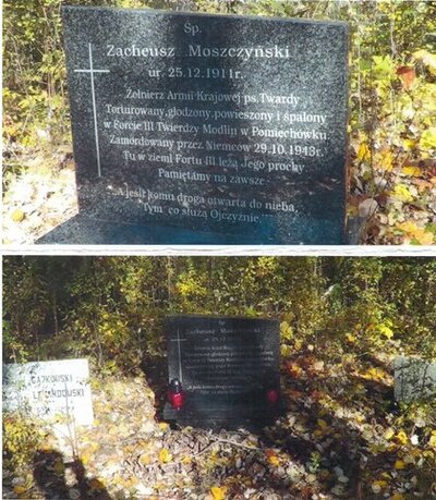 Symboliczny nagrobek Zacheusza Moszczyńskiego na terenie Fortu III w Pomiechówku. Zbiory rodzinne p. Elżbiety Orlickiej.