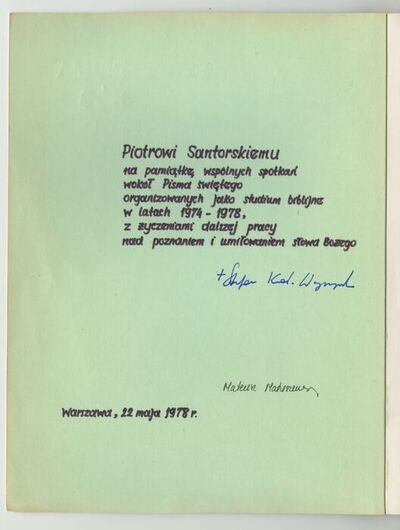 Dedykacja Prymasa Polski kard. Stefana Wyszyńskiego dla Piotra Santorskiego.
