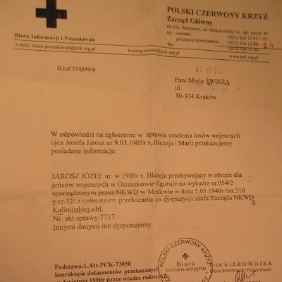 Pismo z PCK informujące o losach Józefa Jarosza.