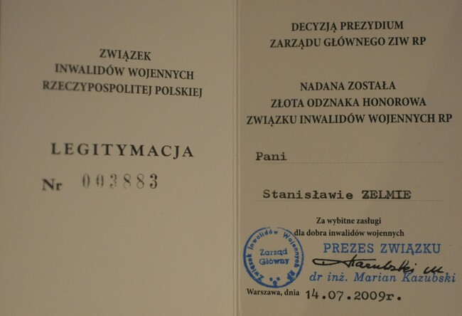 Legitymacja Złotej Odznaki Honorowej Związku Inwalidów Wojennych RP, Warszawa 14.07.2009