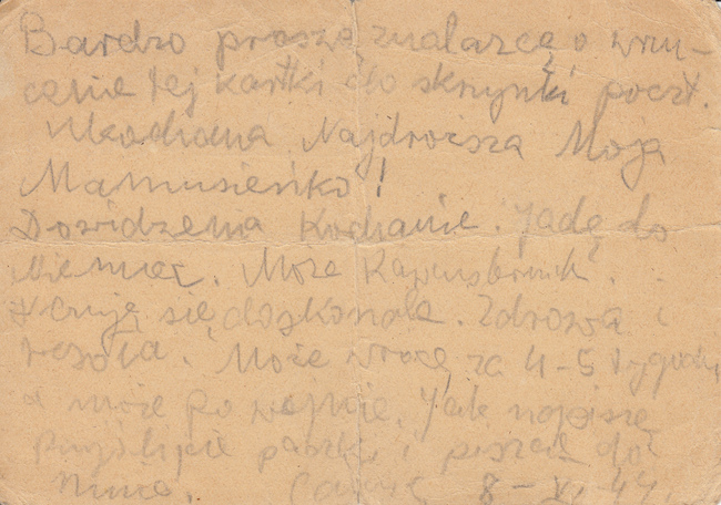 List Haliny Lesiewskiej do matki wyrzucony z pociągu w czasie transportu do Ravensbruck.