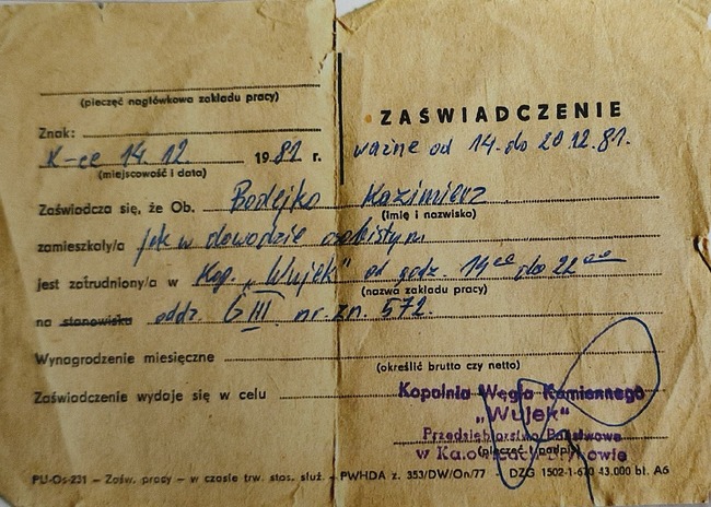 Zaświadczenie o zatrudnieniu Kazimierza Bodejko w KWK „Wujek”, 14.12.1981, fot. Grzegorz Czerniak