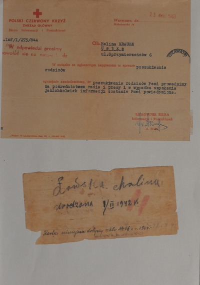 Dokumenty związane z poszukiwaniami biologicznych rodziców przez p. Halinę Michałowską.