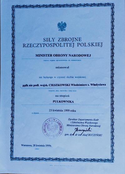 Nominacja na stopień pułkownika, 23.04.1999 r. Zbiory W. Cieszkowskiego